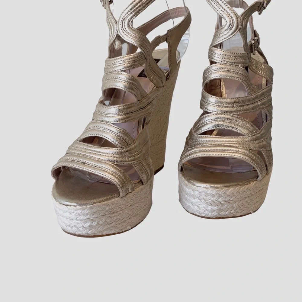 JOAN & DAVID METALLIC GOLD LEATHER STRAP ESPADRILLE WEDGE SANDALS